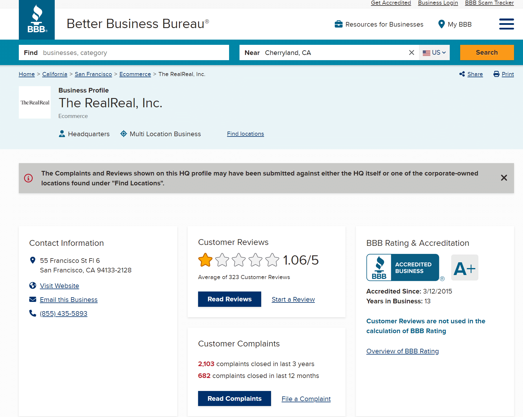Better Business Bureau®によるThe RealRealの評価
