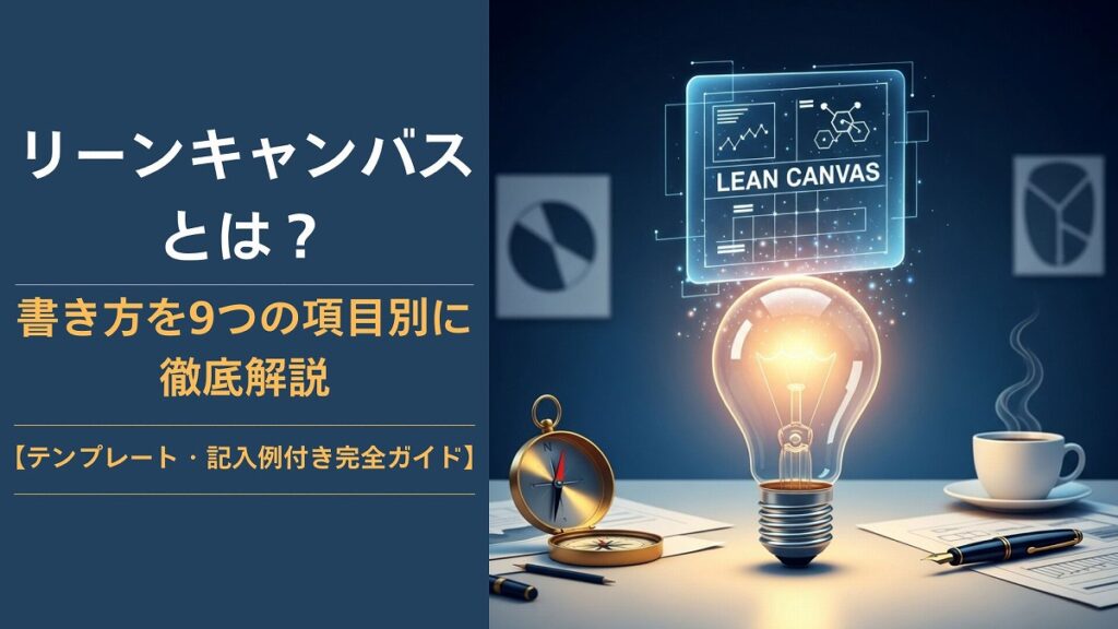 ダークブルーの左側に『リーンキャンバスとは?書き方を9つの項目別に徹底解説【テンプレート・記入例付き完全ガイド】』の文字、右側に電球、コンパス、コーヒーカップ、ペンなどが並ぶバナー。
