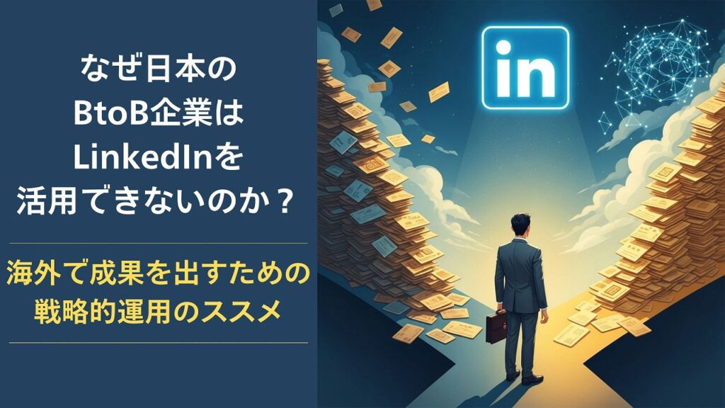 ビジネスマンが、名刺の山の上に立っている様子。空にはLinkedInのロゴが浮かんでおり、LinkedInを活用することで海外市場でのビジネス成功の可能性を示しています。