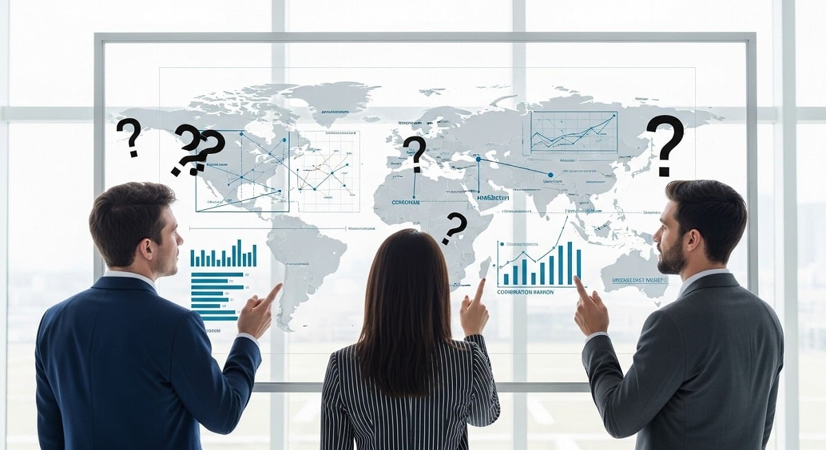 グラフやデータが表示された世界地図を使って、海外市場分析データを見ている3人のプロフェッショナル。しかし、何から始めれば良いか分からないようです。