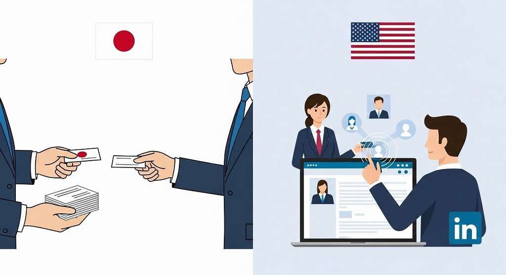 左側には日本の名刺交換文化を象徴するシーン、右側にはLinkedInを利用して人脈を築くアメリカのビジネスシーンが描かれています。なぜ日本企業はLinkedInを活用しないのか①- 商習慣の違いから解き明かす