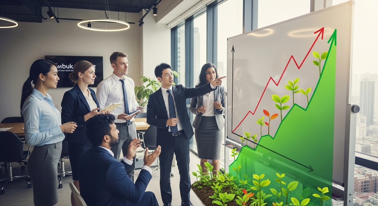 機能しない海外グループ企業を「稼ぐ組織」に変える処方箋 Business team reviews growth strategy on whiteboard with plant‑themed rising chart symbolizing transformation