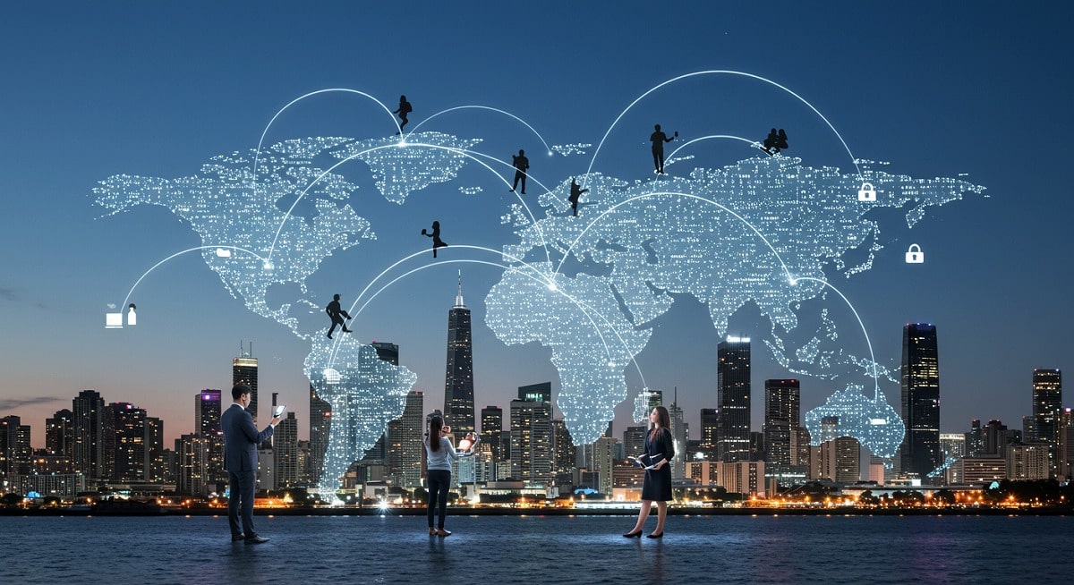 夜景の都市を背景に、世界地図のネットワークで人々が繋がる様子を描いた、グローバルビジネスを象徴する画像。