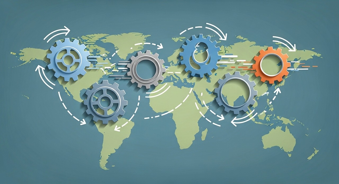 なぜ日本企業の海外グループ企業は機能しないのか？構造的な5つの課題 Interconnected gears on a world map illustrating structural challenges in overseas group company operations