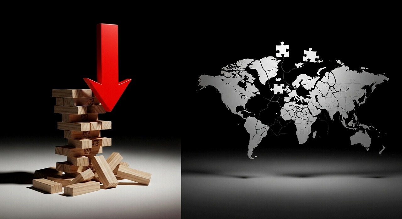 【ケーススタディ】機能不全に陥った企業の典型的な失敗パターン Collapsing Jenga tower with red arrow and global map puzzle pieces symbolizing overseas business failure patterns