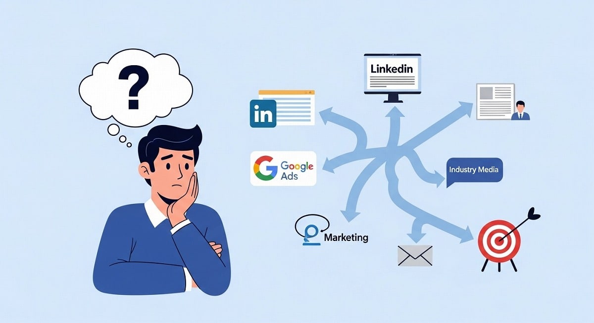 決断を決めかねている人物のイラスト。頭上に疑問符があり、LinkedIn、Google Ads、業界メディア、メールマーケティングなどの異なるマーケティングオプションが周囲に描かれており、マーケティング戦略の選択における意思決定プロセスを示しています。