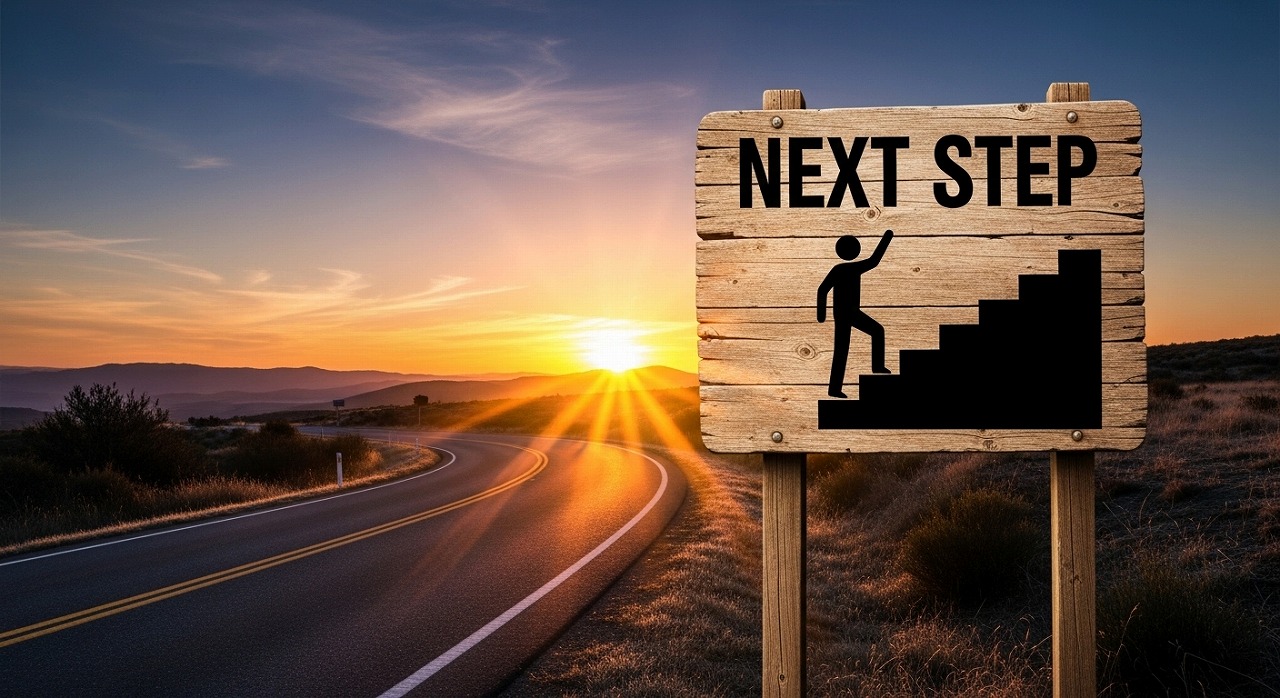 海外グループ企業の機能不全は、日本本社が変われば解決できる Sunrise road with wooden ‘Next Step’ sign and stairs icon, symbolizing progress toward future goals