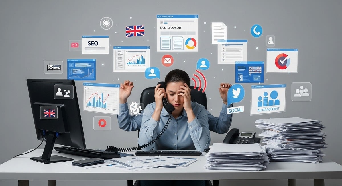 複数のタスクに圧倒されるマーケティング担当者。SEO、ソーシャルメディア管理、広告管理、レポートなどが周囲に表示され、電話を受けながら忙しそうにしている様子。