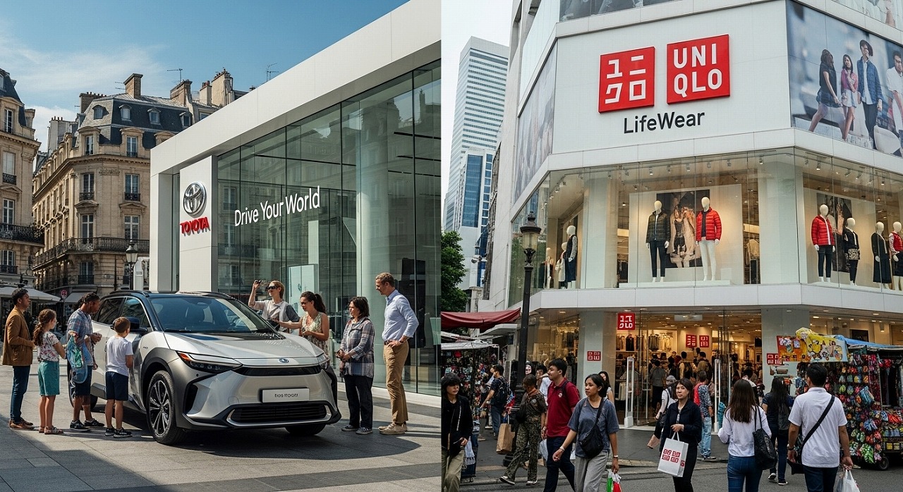 海外戦略を成功に導いた日本企業の事例紹介 Toyota showroom with electric SUV and Uniqlo flagship store, showcasing global reach of leading Japanese brands