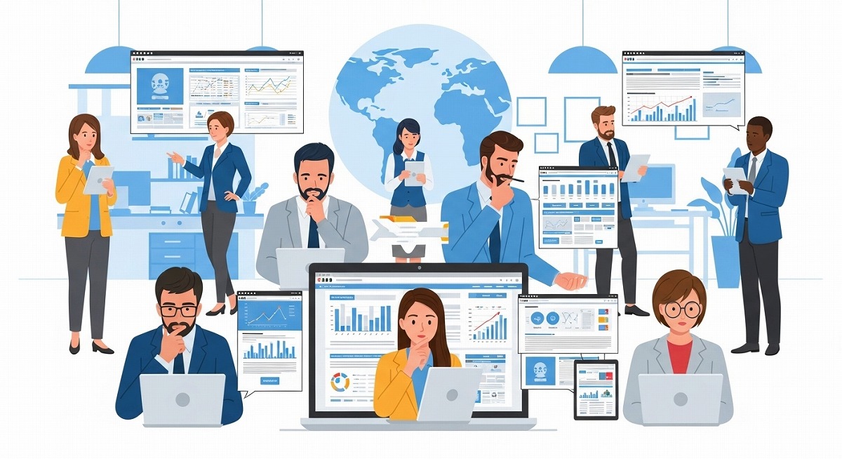 海外BtoB市場において、競合企業がWebマーケティングへ急速にシフトしている様子を示すサムネイル画像。複数のビジネスパーソンがデータ分析やグローバル情報収集を行い、購買プロセスの大部分をデジタルで完結させている場面を描いている。