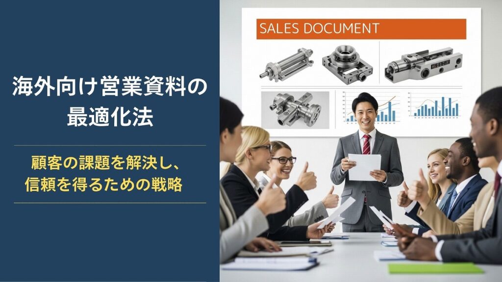 「海外向け営業資料の最適化法」のタイトルと、顧客の課題を解決し信頼を得るための戦略について議論するビジネスマンのグループ。背景には海外向けの営業資料が表示されている。