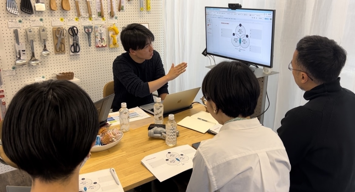 株式会社LANCH(左ききの道具店HIDARI運営)での世界へボカンSEOワークショップ。テーブルを囲んだ参加者が、モニターの資料を見ながら講師の説明を聞いている。