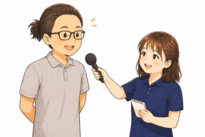 世界ボカンのかわさきが北村さんにインタビューしているイラスト